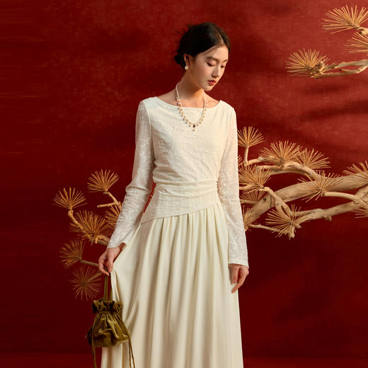 三彩【素影听风】2026春季新款一字领假两件蕾丝连衣裙A字裙C 商品图2