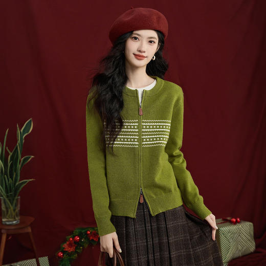 【12/24新品5折】熙世界圣诞氛围感穿搭毛衣短外套女秋冬双拉链费尔岛提花针织开衫 商品图1