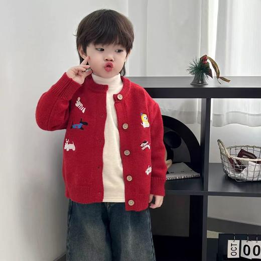 【萌趣创意设计❗️高级质感与优质面料】儿童年服毛衣2026新年春节元旦针织开衫刺绣小狗喜庆上衣男童冬装过年衣服。jb 商品图2