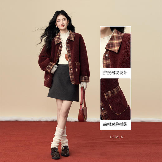 【12/24新品6.5折】熙世界圣诞穿搭红色圈圈呢短外套女冬季格纹翻领拼接仿羊毛绒上衣 商品图2
