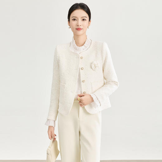 「高货wl」全新升级【铂金会员349/天猫469/差价120】(04608)洛诗琳法式小香风外套2025秋冬粗花呢山茶花气质短外套女 商品图1