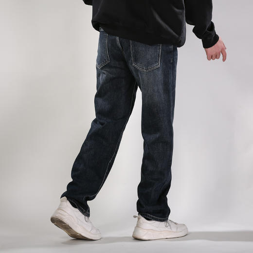 DRONKOO 2025 正常腰左袋右后袋白绣线藏青皮标一体绒厚牛仔长裤 商品图3