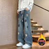 D122425加绒加厚冬季美式高街侧边十字架抽绳卫裤休闲牛仔裤 商品缩略图3