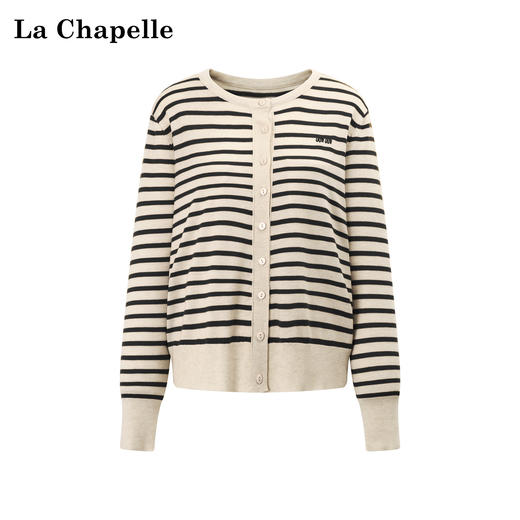 天猫同步【简约不过时】拉夏贝尔/La Chapelle设计感字母刺绣条纹绵羊毛+桑蚕丝针织衫百搭圆领毛衣 商品图4