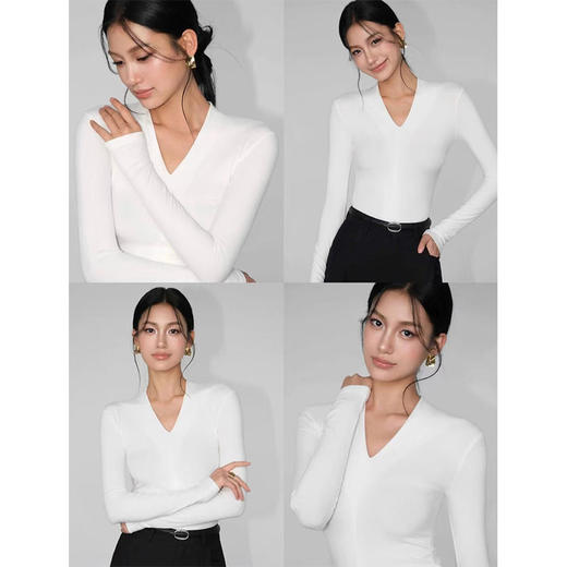 明晚 12 点下架【云柔甄选-卡码拍大】【闪电瘦瘦衣】凯特温斯顿早秋高级感V领打底衫女长袖t恤修身心机内搭打底上衣打底衫-FF 商品图3