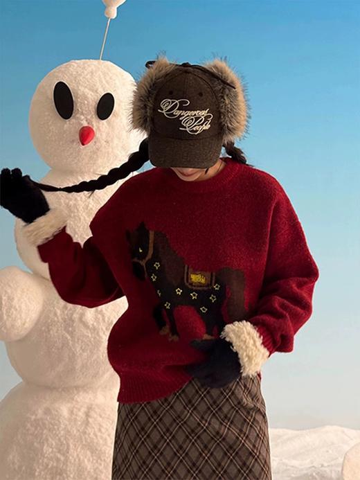 D122474可爱风小马提花圆领套头长袖毛衣 商品图4