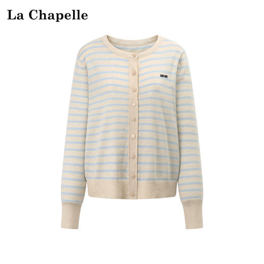 天猫同步【简约不过时】拉夏贝尔/La Chapelle设计感字母刺绣条纹绵羊毛+桑蚕丝针织衫百搭圆领毛衣 商品图1