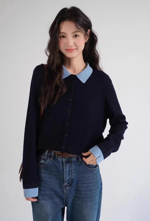 D122426冬季新款时尚撞色翻领针织衫显瘦开衫上衣 商品图4