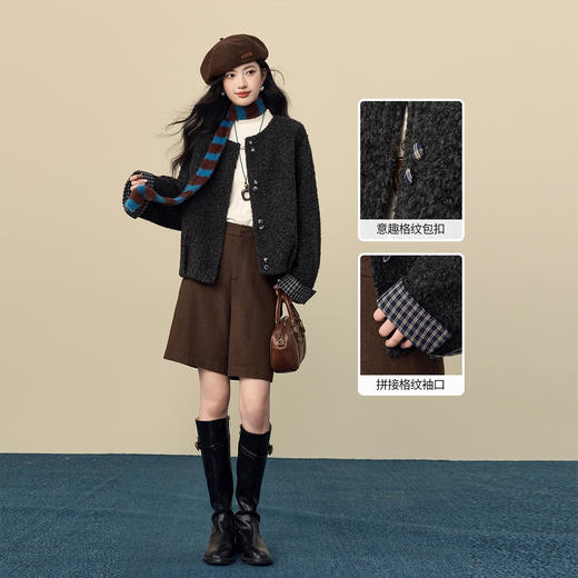 【12/24新品6.5折】熙世界小香风深灰色羊圈呢外套女冬季高级感格子拼接短款毛呢大衣 商品图2