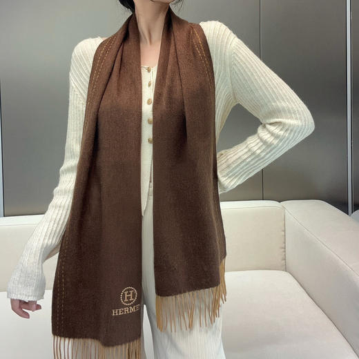 秋冬特惠💰300 HERMES🧣爱马仕围巾 巴黎时装展商务男士女士通用双面羊毛披肩 商品图0