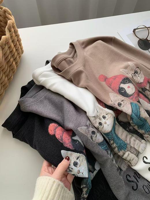 【专柜高品质设计师款】秋冬重磅350G加厚澳绒长袖衫 卡通猫咪印花韩版圆领保暖内搭 商品图9