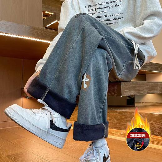 D122425加绒加厚冬季美式高街侧边十字架抽绳卫裤休闲牛仔裤 商品图7