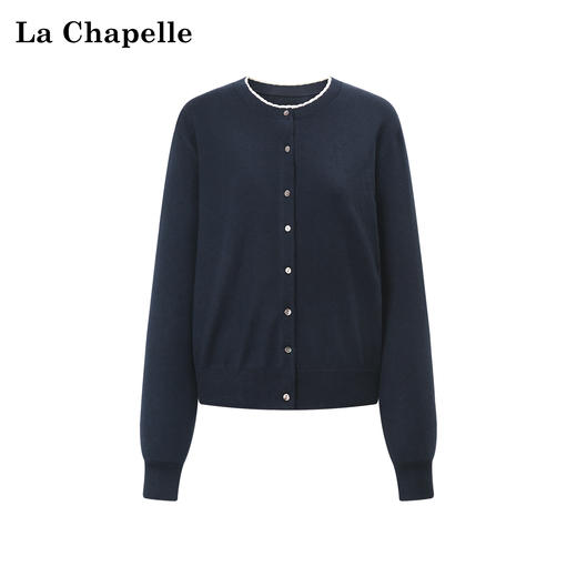天猫同步【基础款时髦look~】拉夏贝尔/La Chapelle绵羊毛+桑蚕丝圆领花边针织开衫慵懒毛衣设计感上衣 商品图2