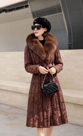 SZ6R26_栗壳色_羽绒服_冬季_领提花收腰系带中长款_高级女装_BERNIEELEN 伯妮斯茵