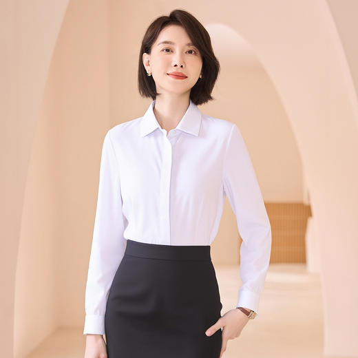 罗蒙女士长袖衬衫暗门襟设计纯色职业商务风优雅干练通勤舒适亲肤长袖衬衣 商品图1