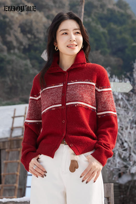 【门店同款】ENJOY冬季“游牧漫寻”宽条撞色针织开衫 168645435 商品图1