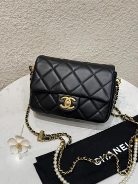 Chanel 羊皮 黑金 珍珠 链条 方胖子