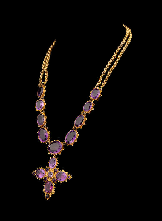 独角鹿西洋古董19世纪欧洲出品十字架造型滚珠卷草纹18K黄金精雕镶嵌可拆卸式紫水晶吊坠项链 商品图1