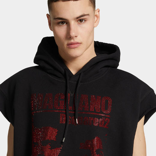 DSQUARED2 男士亮片水钻徽标棉质无袖连帽衫 黑色 S71GU0743 S25516 900 商品图4