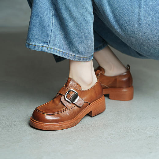 【阿么古纹马皮鞋】复古高级感手工乐福鞋洋气舒服高端女士单鞋4CM 商品图1