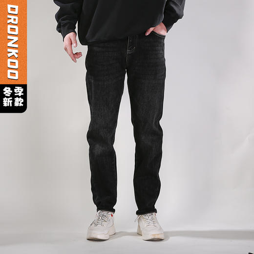 DRONKOO 2025 正常腰右袋右后袋斜线刺绣织唛一体绒厚牛仔长裤 商品图0