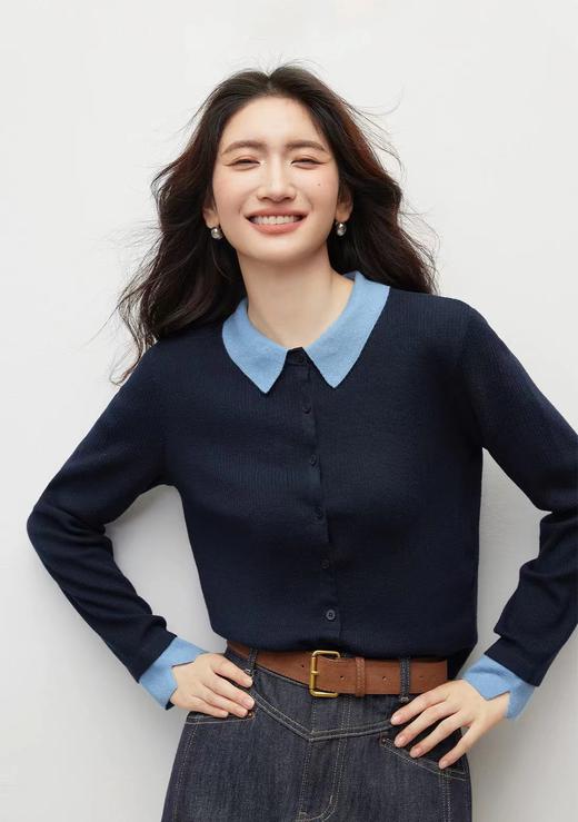 D122426冬季新款时尚撞色翻领针织衫显瘦开衫上衣 商品图2