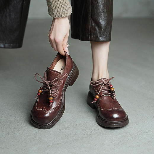 【阿么古纹马皮鞋】小众高级布洛克线小皮鞋春季软底系带单鞋女4CM 商品图2