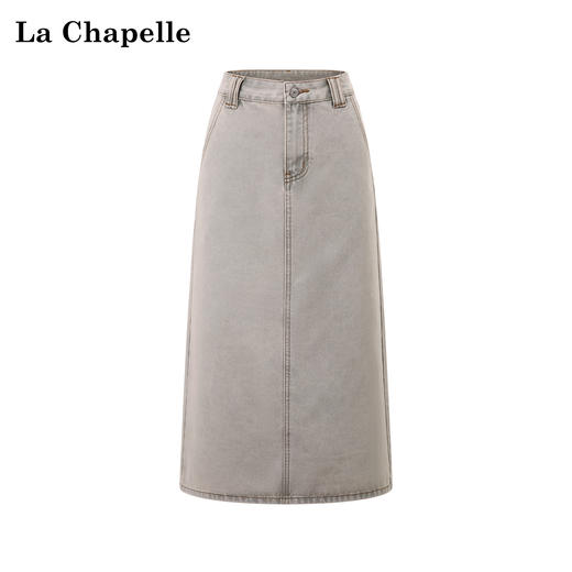 拉夏贝尔/La Chapelle休闲百搭做旧水洗后开衩A字牛仔半身裙 商品图0