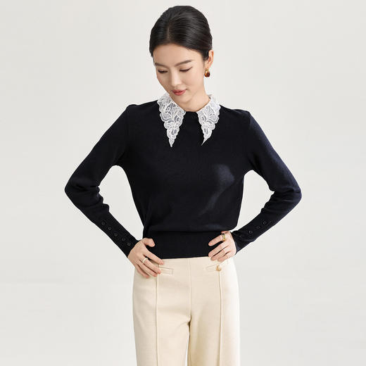 「高货wl」全新升级【铂金会员183/天猫239/差价56】(04229)洛诗琳蕾丝刺绣领针织衫2025秋冬绵羊毛混纺打底上衣女 商品图1