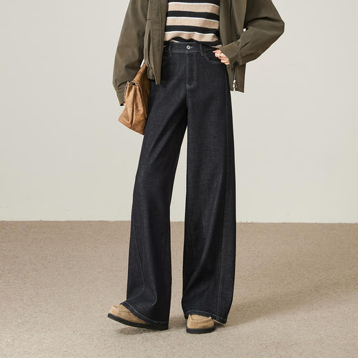 【两个裤长-厚绒-阔腿牛仔】逸阳冬加绒加厚时尚拼接宽松显瘦阔腿裤5880RV 商品图7