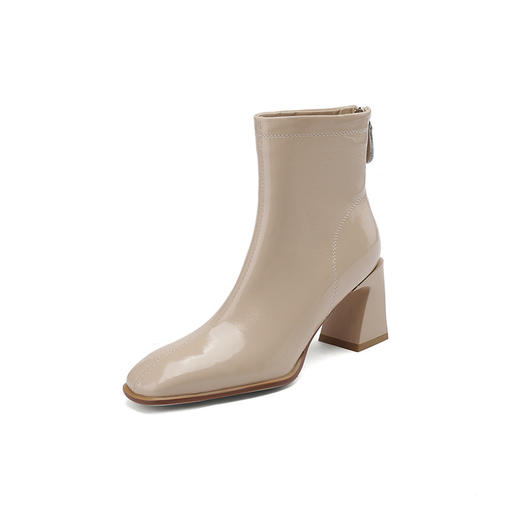 【预售5天】杏色粗跟短靴女秋冬季加绒漆皮靴子骑士靴真皮高跟切尔西靴HBP&1773A 商品图4