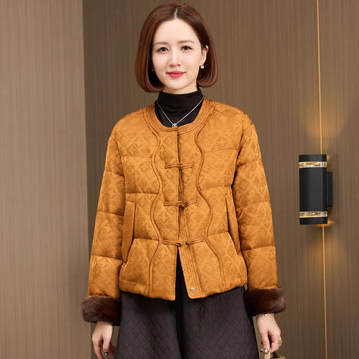 OSL 88K10水貂毛袖口可拆卸香云纱鹅绒服国风妈妈装羽绒服 商品图0