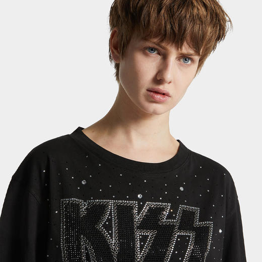 DSQUARED2 女士水钻 KISS 徽标棉质圆领短袖T恤 黑色 S72GD0611 D20035 900 商品图4