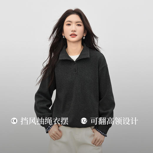 【12/24新品6.5折】熙世界韩里韩气红色加绒卫衣女士秋冬半高领格子拼接长袖宽松上衣 商品图1