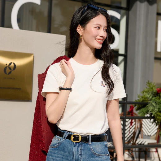 三彩2026春季新款小马刺绣基础磨毛小白T恤休闲正肩短袖上衣S 商品图1