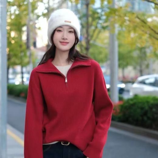 半拉链加厚羊毛红色针织衫 ，小禾家同款，复古正红，超显白！羊毛质感贵贵的～【3-5天发货】 商品图0