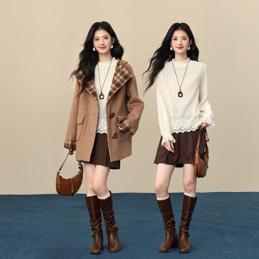 【12/24新品6.5折】熙世界温柔风法式杏色蕾丝打底衫女秋冬长袖木耳边半高领内搭上衣 商品图2