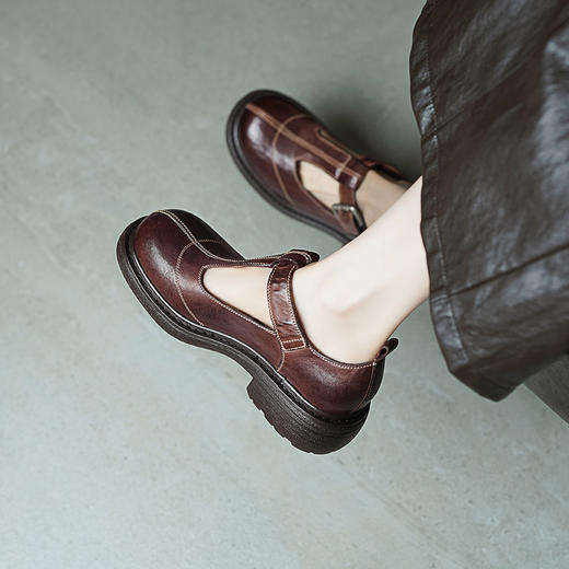 【阿么古纹马皮鞋】小众T字玛丽珍英伦小皮鞋复古轻奢软底单鞋3.8CM 商品图3