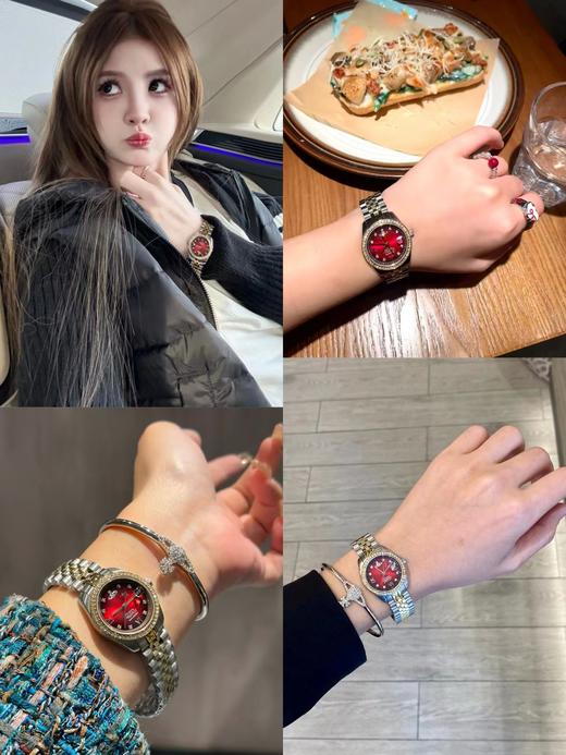 D122418明媚热烈波尔多酒红表盘精钢间金满钻手表 商品图8