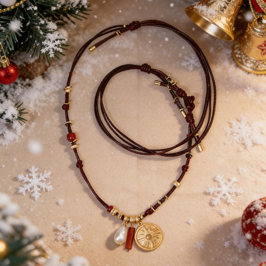 lost in echo2026春夏新款好运红玛瑙珍珠可调节长皮绳组合项链女 商品图2