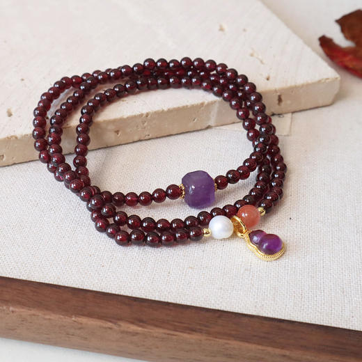 【流光·三圈石榴石紫水晶葫芦手链】敦煌福泽天然酒红石榴石手串女三圈葫芦吊坠水晶手串 商品图1