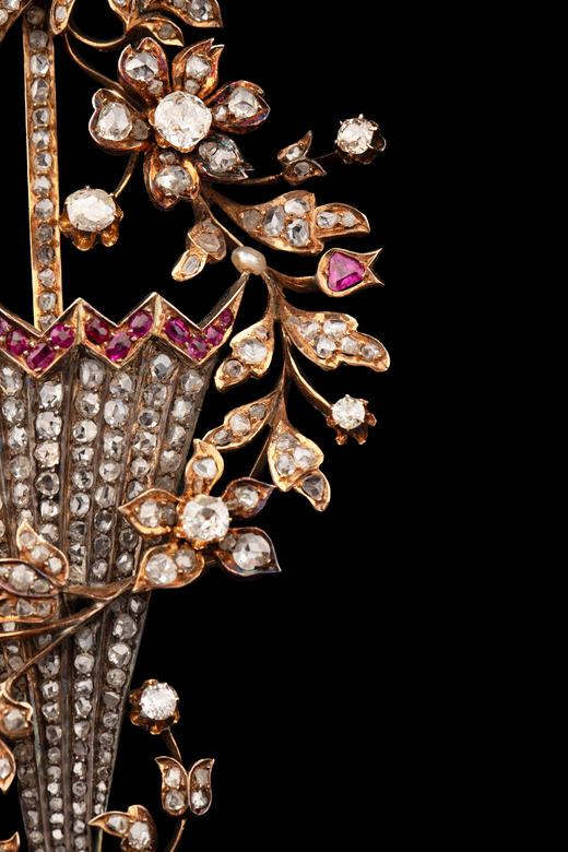 独角鹿西洋古董19世纪欧洲出品花叶雨伞造型黄金底纯银镶嵌钻石红宝石及祖母绿胸针 商品图5