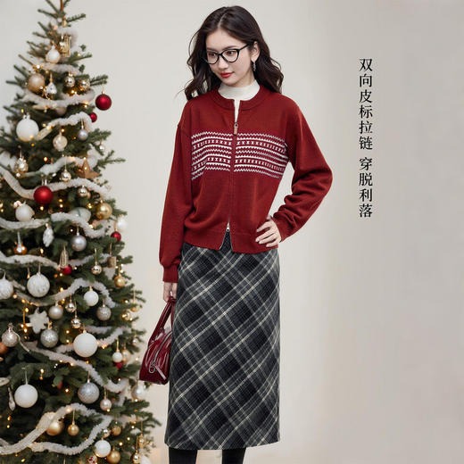 【12/24新品5折】熙世界圣诞氛围感穿搭毛衣短外套女秋冬双拉链费尔岛提花针织开衫 商品图4