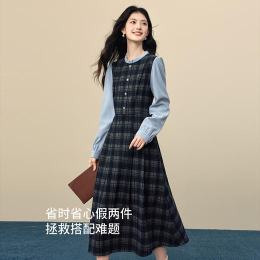 【12/24新品6折】熙世界高知分子假两件格纹连衣裙女2025秋冬新款复古收腰长袖裙子 商品图1