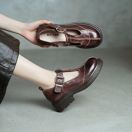 【阿么古纹马皮鞋】小众T字玛丽珍英伦小皮鞋复古轻奢软底单鞋3.8CM 商品图2