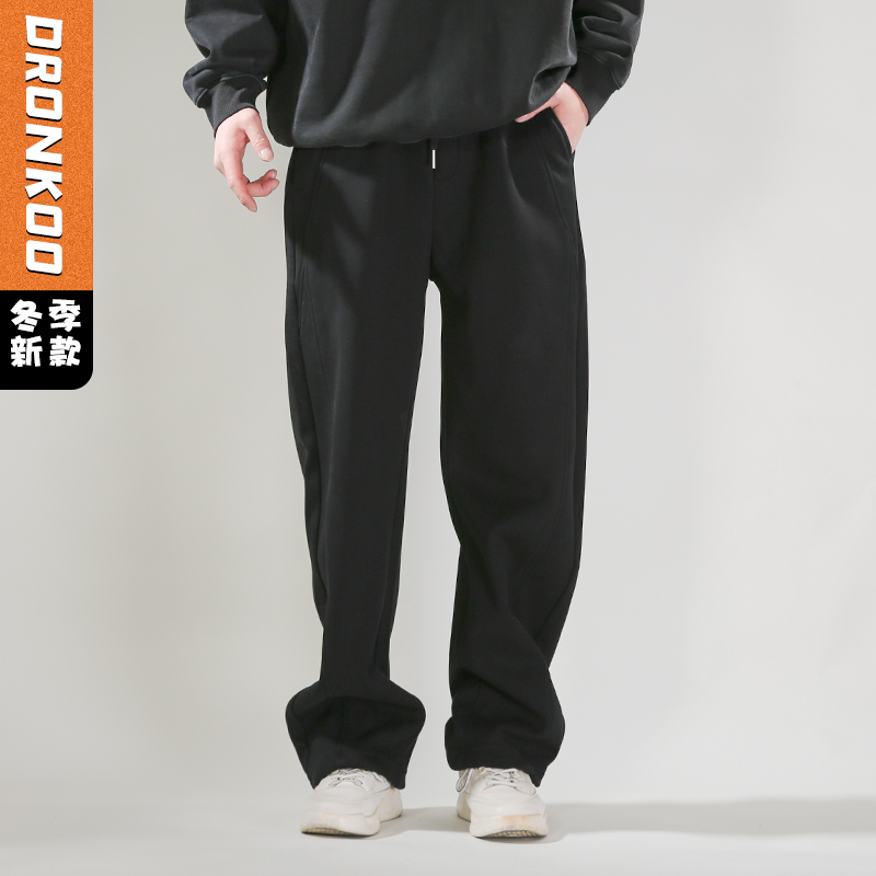 DRONKOO 2025 抽绳前袋前片交叉斜破骨复合绒厚卫裤
