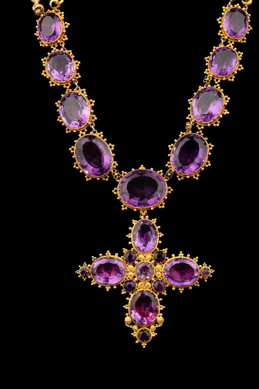 独角鹿西洋古董19世纪欧洲出品十字架造型滚珠卷草纹18K黄金精雕镶嵌可拆卸式紫水晶吊坠项链 商品图6