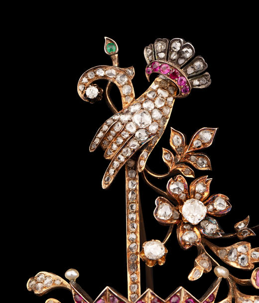 独角鹿西洋古董19世纪欧洲出品花叶雨伞造型黄金底纯银镶嵌钻石红宝石及祖母绿胸针 商品图3