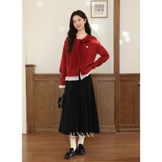 鹿向南「节日限定」新年红色毛衣女秋冬蕾丝拼接连帽开衫针织上衣 商品图2