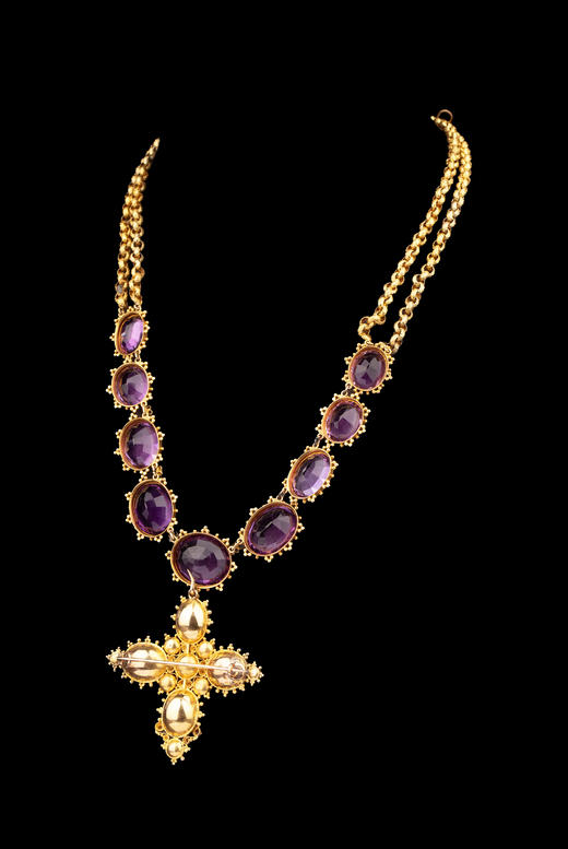 独角鹿西洋古董19世纪欧洲出品十字架造型滚珠卷草纹18K黄金精雕镶嵌可拆卸式紫水晶吊坠项链 商品图2